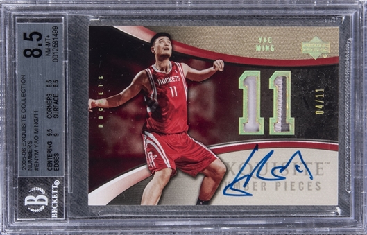 2005-06 UD "Exquisite Collection" Numbers #ENYM Yao Ming Signed Game Used Patch Card (#04/11) - BGS NM-MT+ 8.5/BGS 10